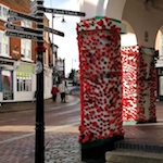 Town centre decorated with thousands of knitted poppies