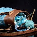 spinning project bag, leather and knitted fabric