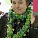 Handspun bobble yarn knitted into an infinity scarf