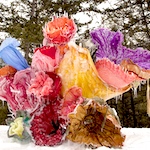 Frozen Victorian garments arranged into a larger than life bouquet